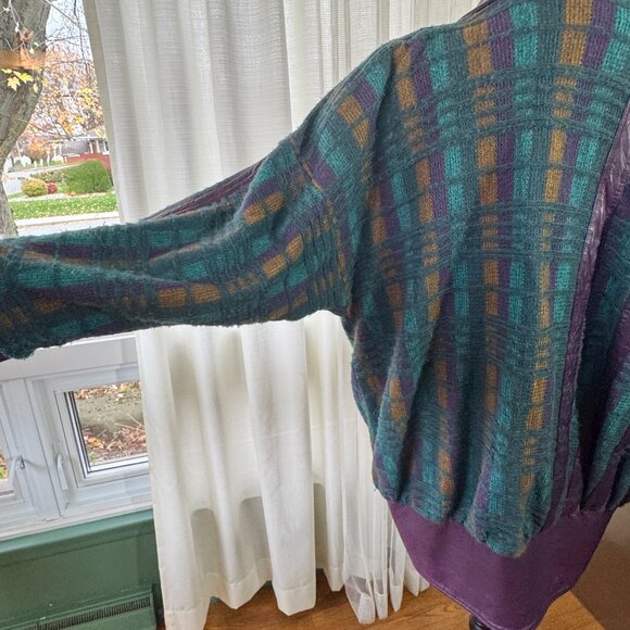 Vintage 80s blazer, purple, teal knit, leather lapels, waist band & cuffs, 10/12 - Picture 7 of 14